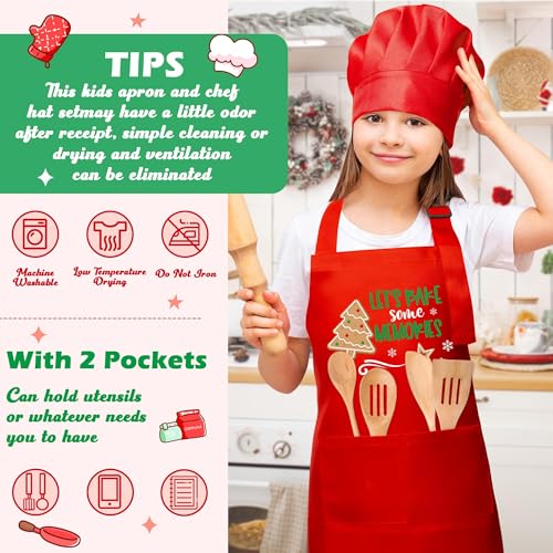 R HORSE Christmas Apron and Chef Hat Set for Kids - 2 Piece Adjustable Red Kitchen Cooking Role Play Gift