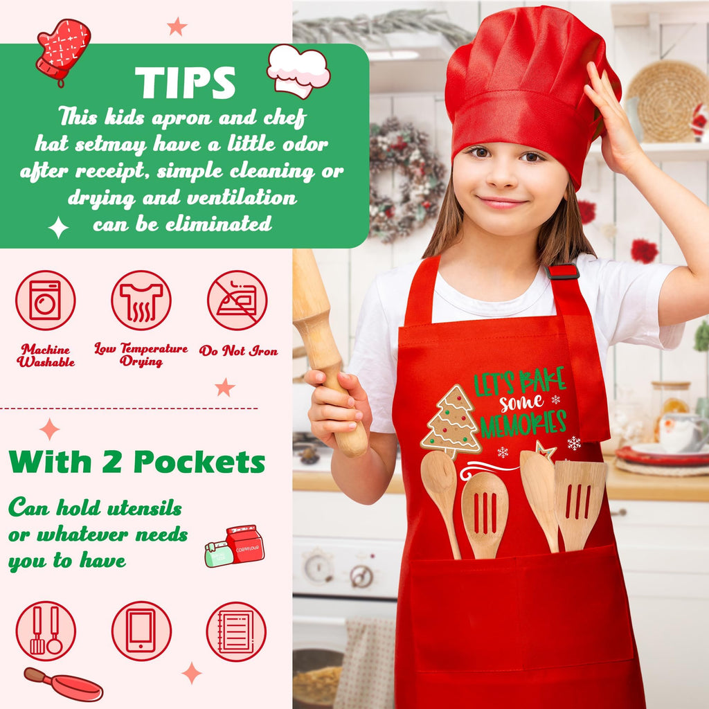 R HORSE Christmas Apron and Chef Hat Set for Kids - 2 Piece Adjustable Red Kitchen Cooking Role Play Gift