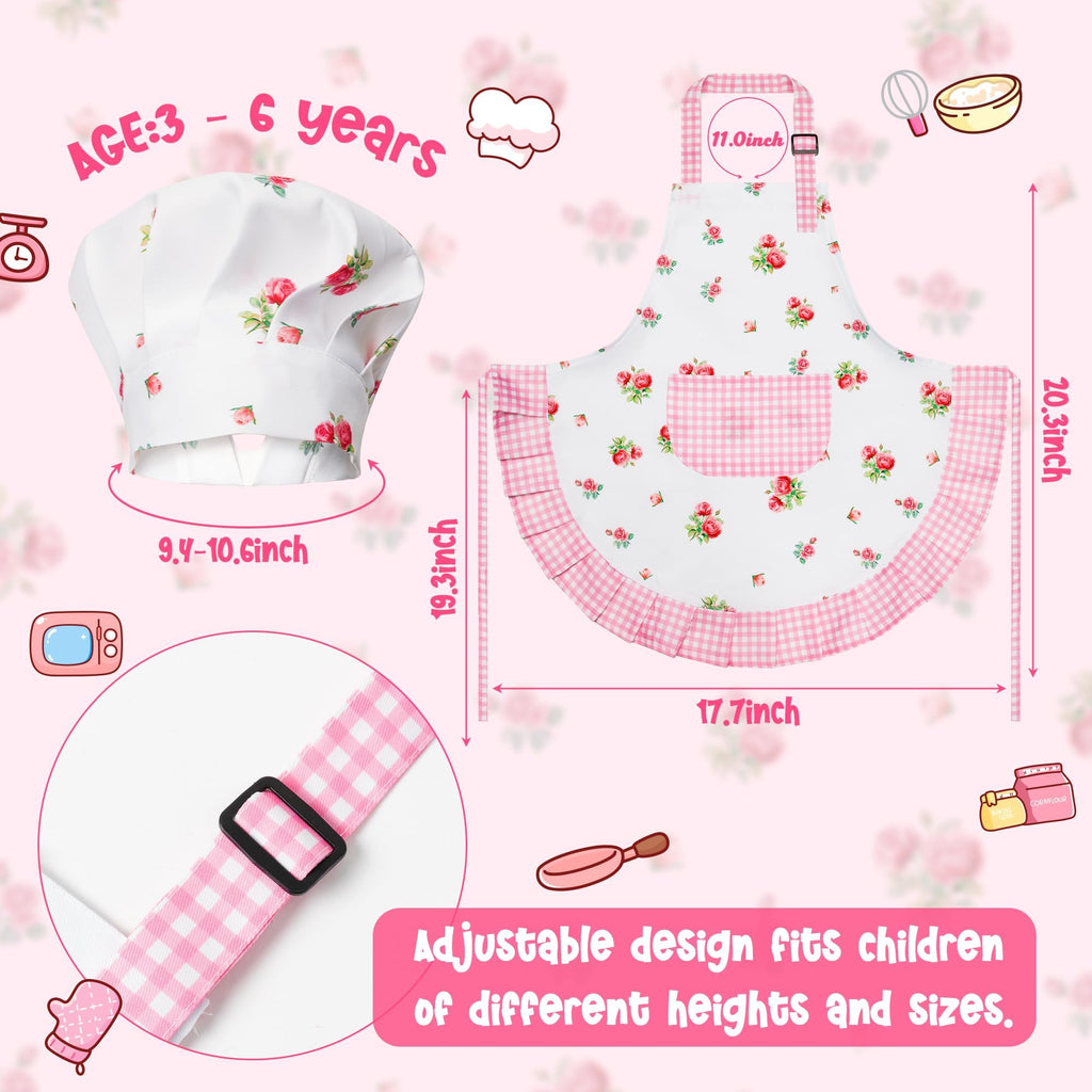R HORSE Kids Apron and Chef Hat Set - Plaid Floral Adjustable Children's Kitchen Apron for Girls Ages 3-6, Role Play Cooking Baking Painting Toy