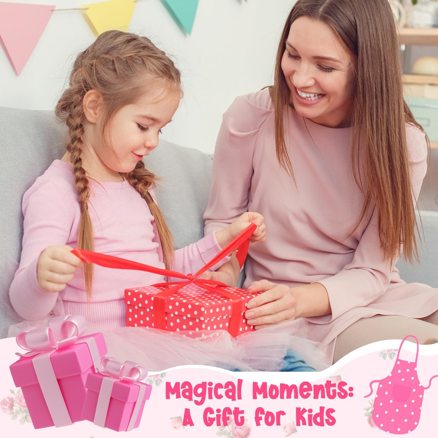 R HORSE Kids Apron and Chef Hat Set - Plaid Floral Adjustable Children's Kitchen Apron for Girls Ages 3-6, Role Play Cooking Baking Painting Toy