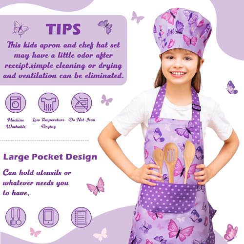 R HORSE Kids Apron and Chef Hat Set - Purple Butterfly Toddler Apron for Girls Ages 3-6