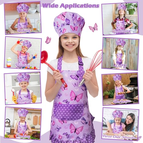R HORSE Kids Apron and Chef Hat Set - Purple Butterfly Toddler Apron for Girls Ages 3-6