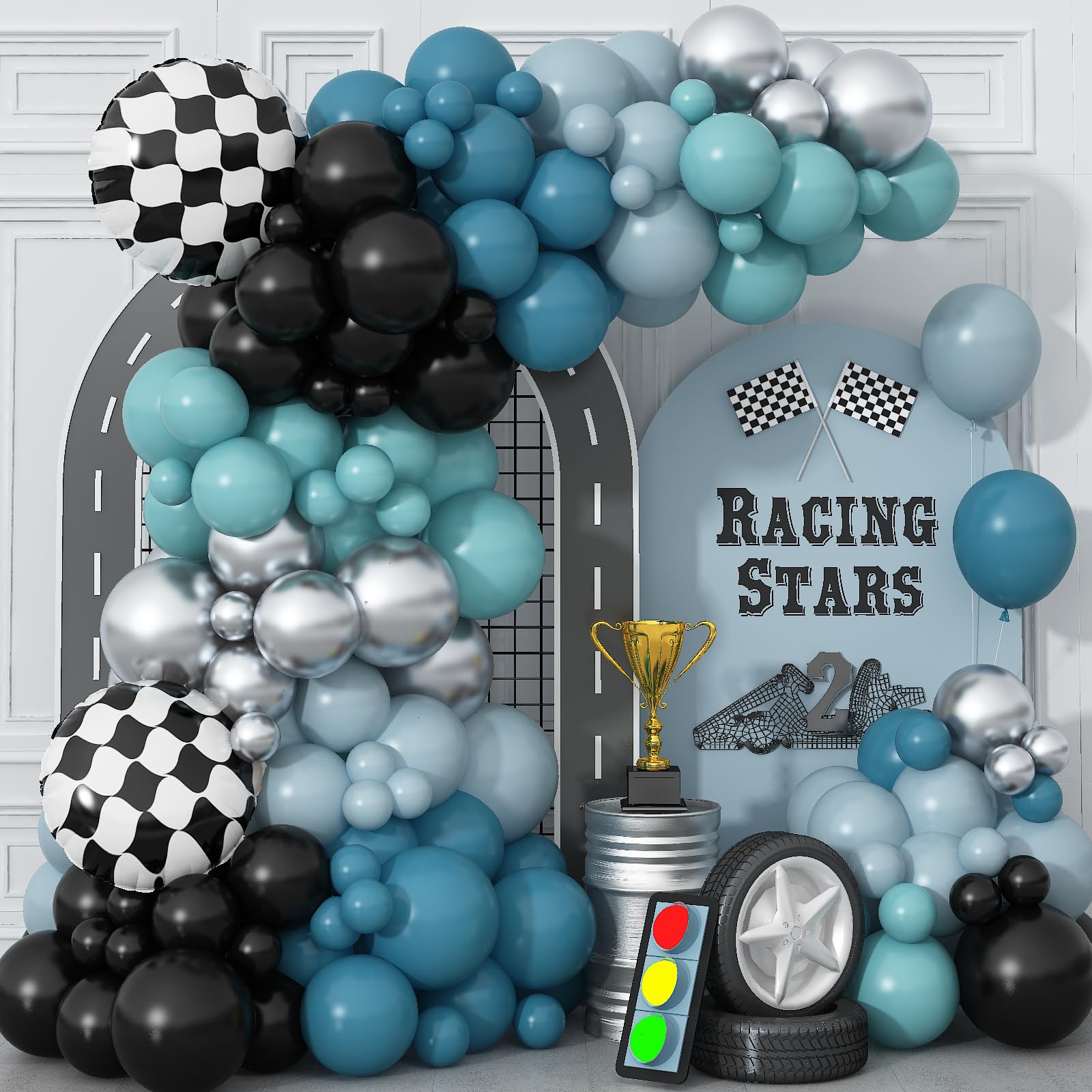 Race Car Balloon Garland Arch Kit – 89-Piece Set with Checkered Foil Balloon for Car-Themed Parties