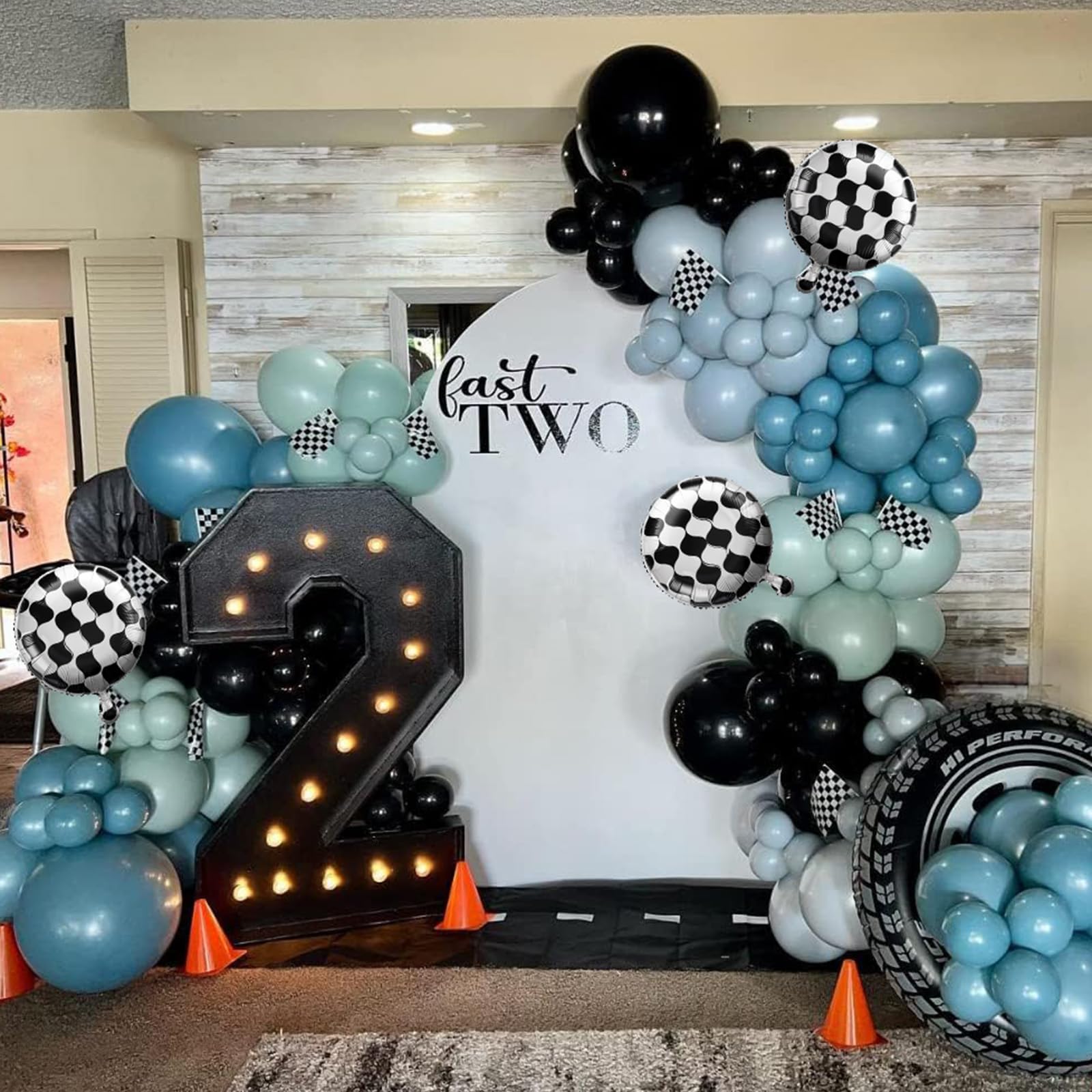 Race Car Balloon Garland Arch Kit – 89-Piece Set with Checkered Foil Balloon for Car-Themed Parties