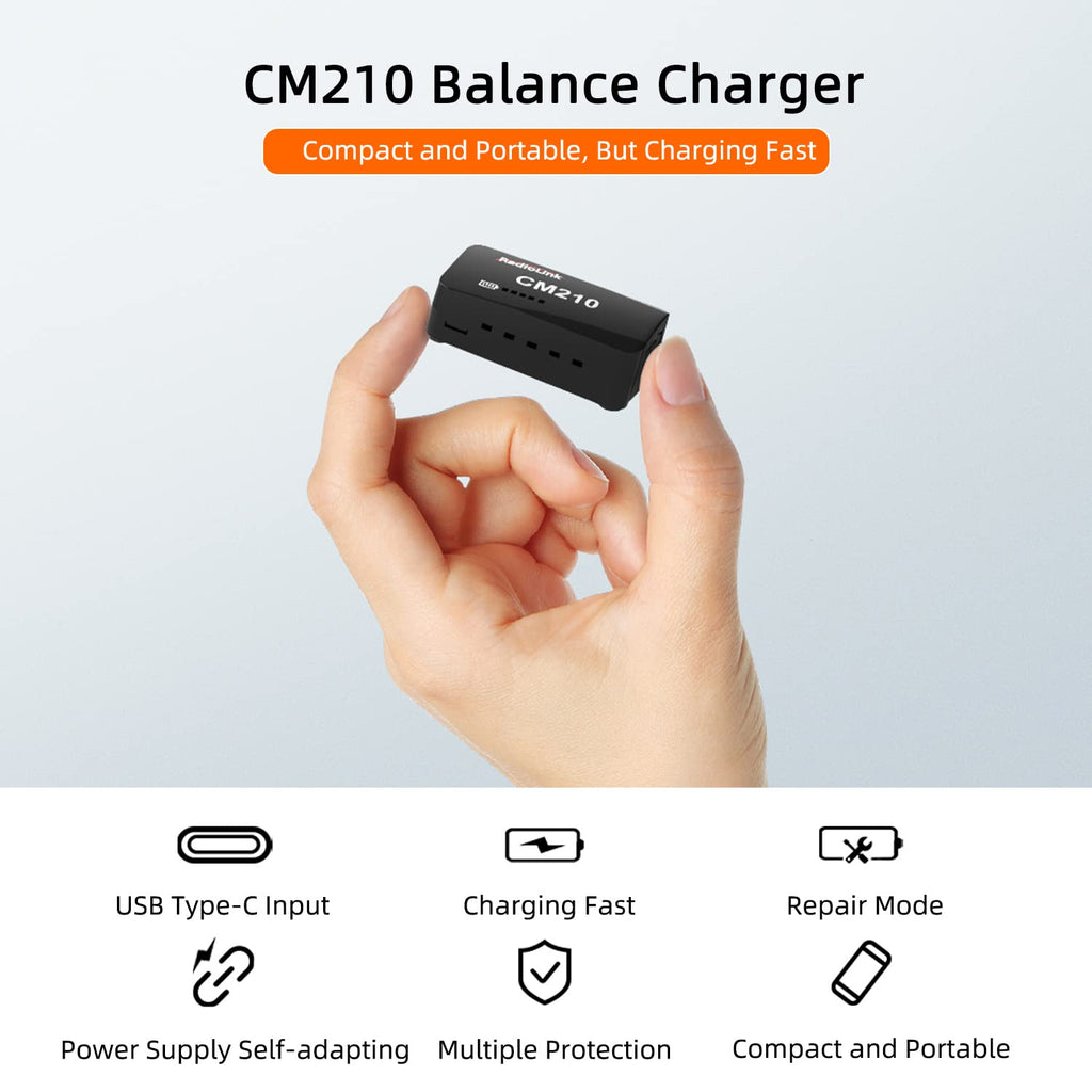 Radiolink CM210 15W 1.5A 2S LiPo Balance Charger with USB Type-C for RC Airplane, Car, Boat, SCX24, SCX10, Gel Blaster