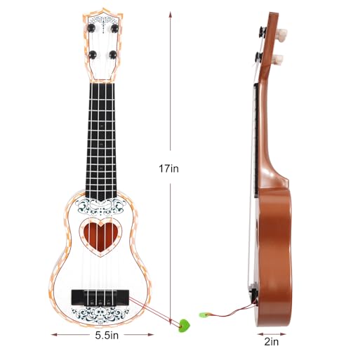 Raimy 17in Ukulele for Kids - White Plastic 4-String Beginner Instrument for Ages 3-9
