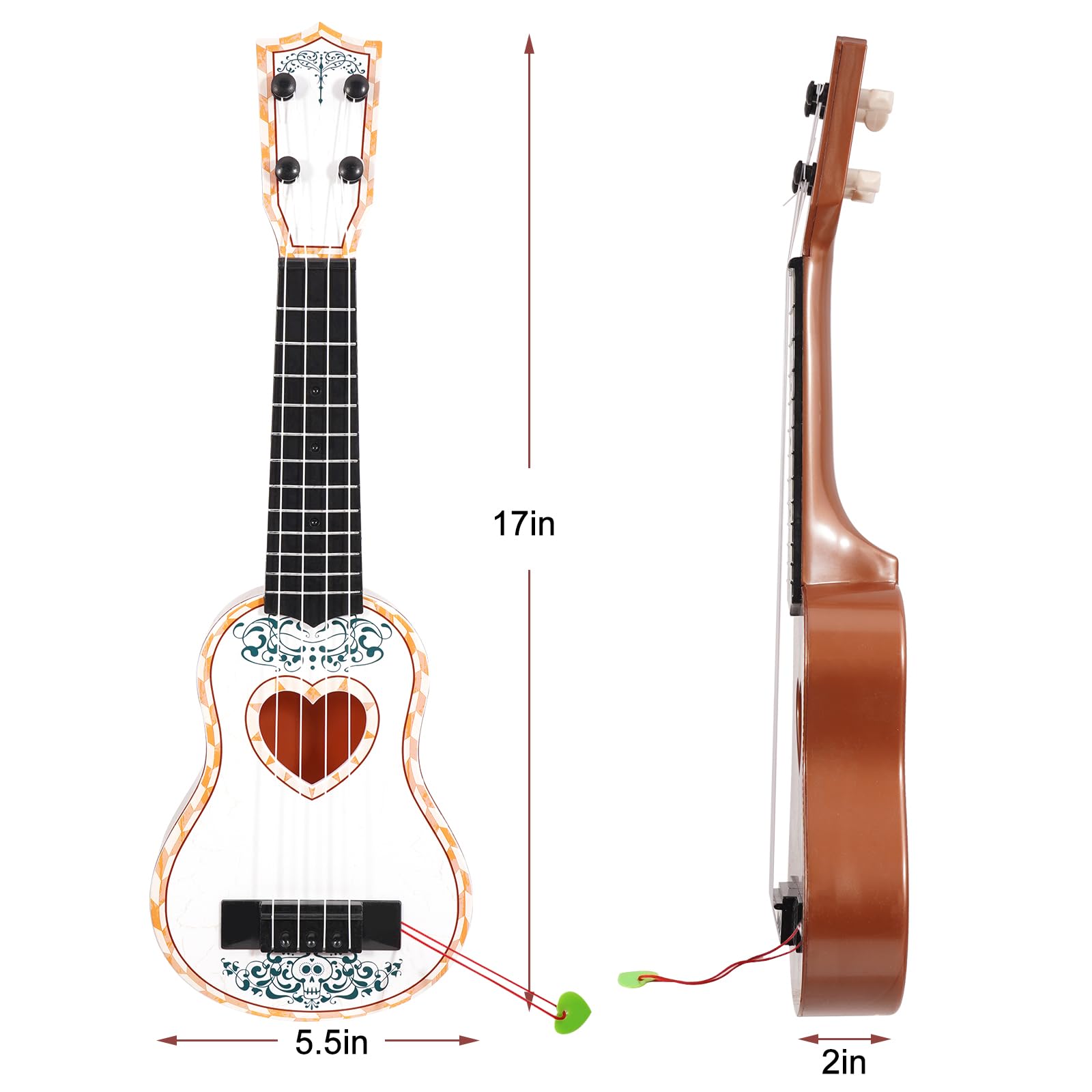 Raimy 17in Ukulele for Kids - White Plastic 4-String Beginner Instrument for Ages 3-9
