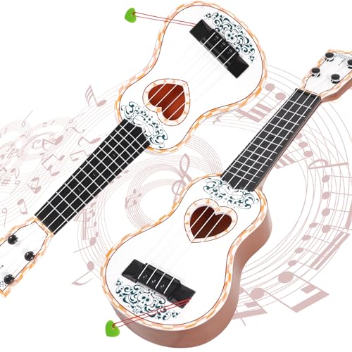 Raimy 17in Ukulele for Kids - White Plastic 4-String Beginner Instrument for Ages 3-9