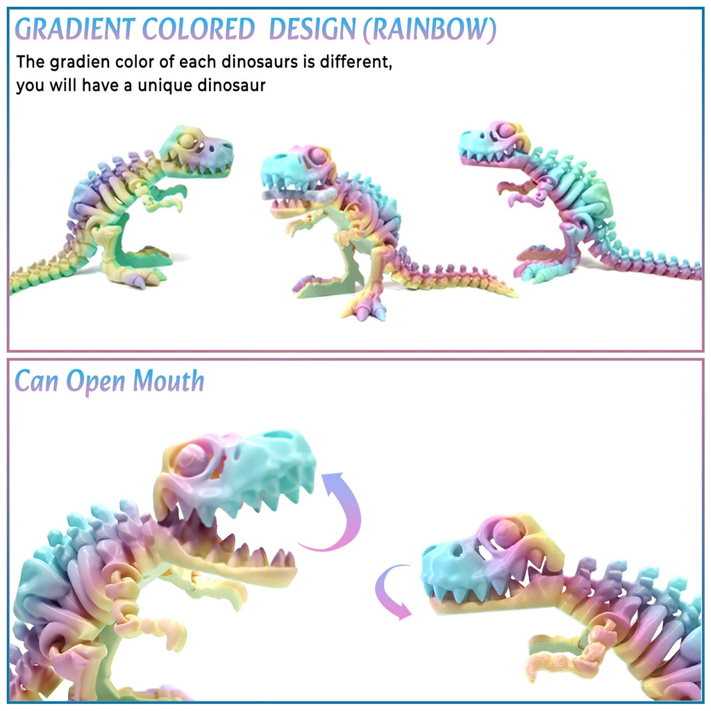 Rainbow Articulated 3D Printed T-Rex Skeleton – Poseable Dinosaur Fidget Toy for Desk Decor & Stress Relief