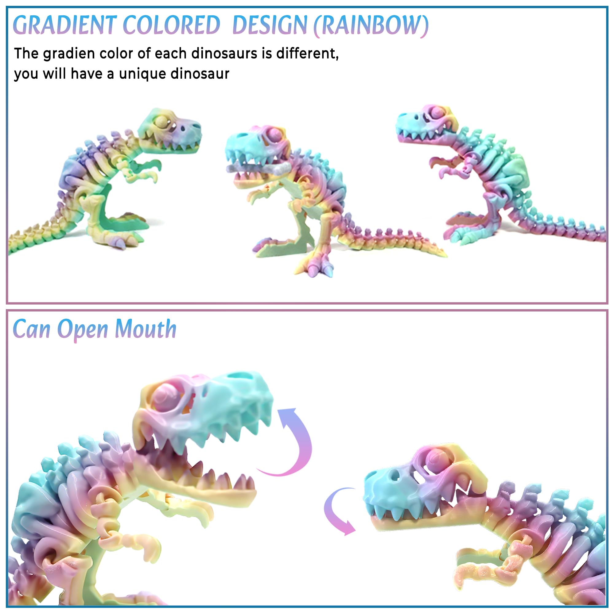 Rainbow Articulated 3D Printed T-Rex Skeleton – Poseable Dinosaur Fidget Toy for Desk Decor & Stress Relief