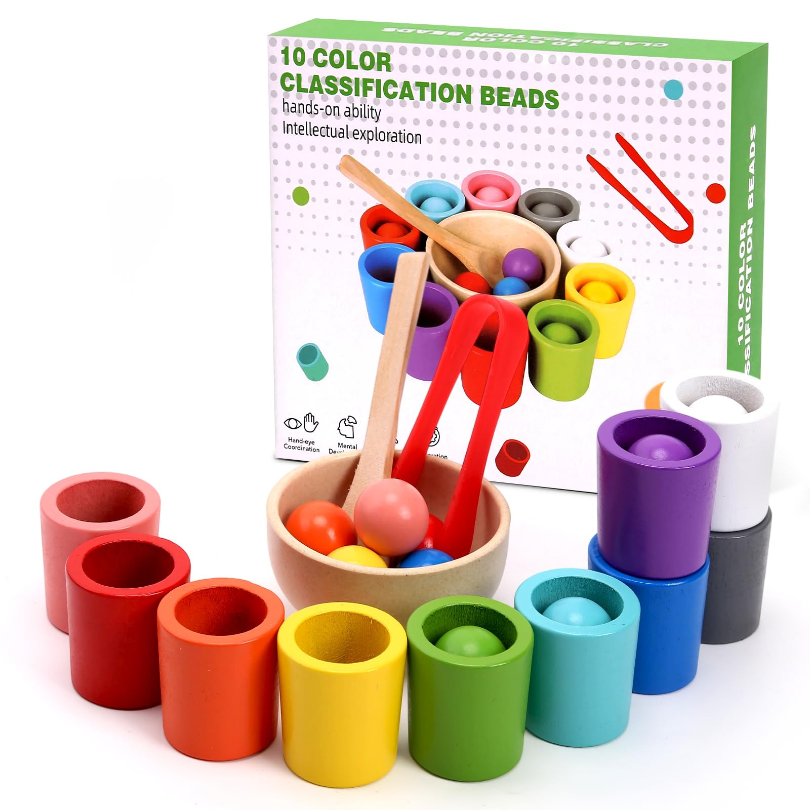 Rainbow Balls in Cups Montessori Sorting Toy with Spoon and Tongs - 10 Pieces for Toddlers