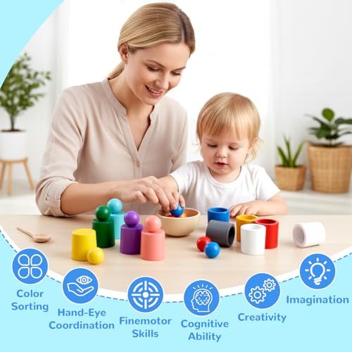 Rainbow Balls in Cups Montessori Sorting Toy with Spoon and Tongs - 10 Pieces for Toddlers