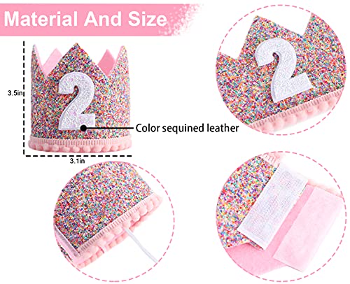 Rainbow Glitter Crown for 2nd Birthday – Handmade Felt Crown with Pink Pompom and Elastic Strap