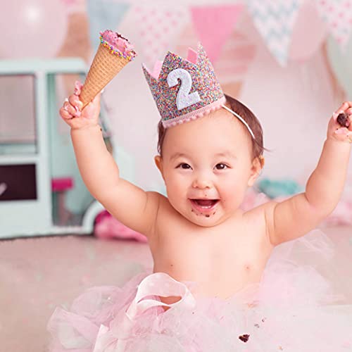 Rainbow Glitter Crown for 2nd Birthday – Handmade Felt Crown with Pink Pompom and Elastic Strap