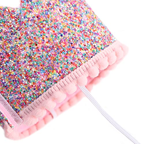 Rainbow Glitter Crown for 2nd Birthday – Handmade Felt Crown with Pink Pompom and Elastic Strap