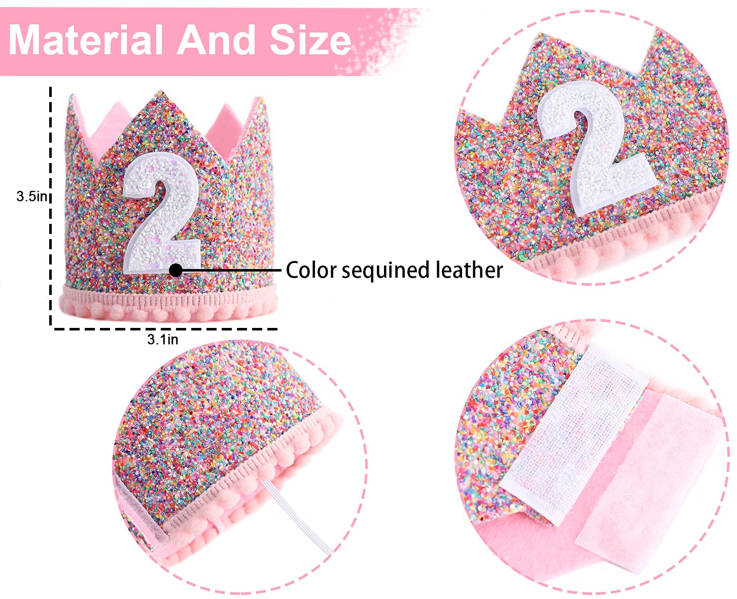 Rainbow Glitter Crown for 2nd Birthday – Handmade Felt Crown with Pink Pompom and Elastic Strap