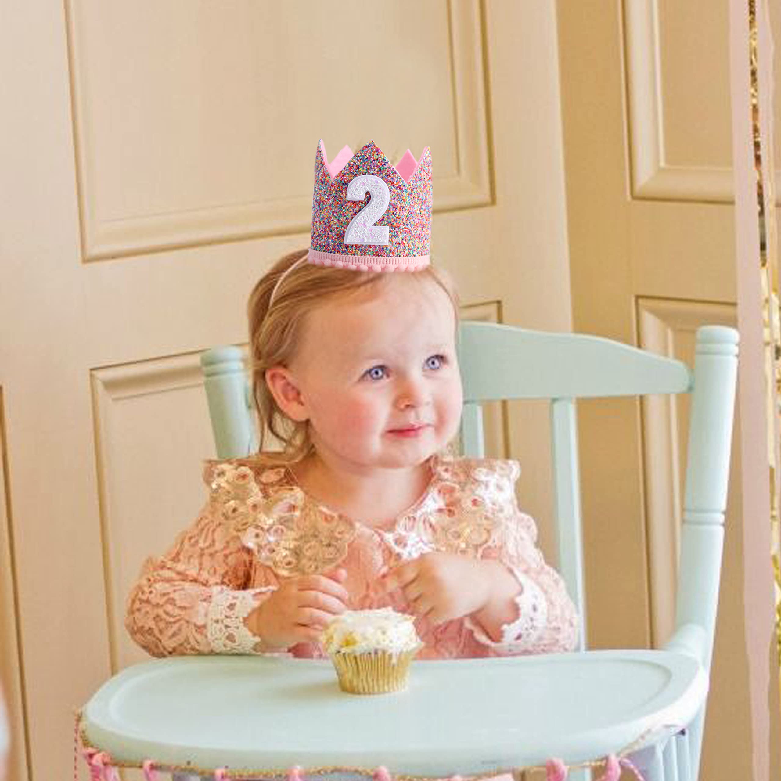 Rainbow Glitter Crown for 2nd Birthday – Handmade Felt Crown with Pink Pompom and Elastic Strap