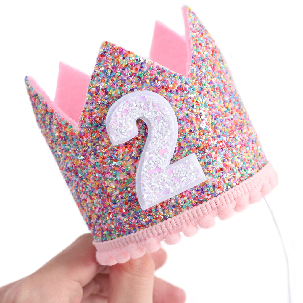 Rainbow Glitter Crown for 2nd Birthday – Handmade Felt Crown with Pink Pompom and Elastic Strap