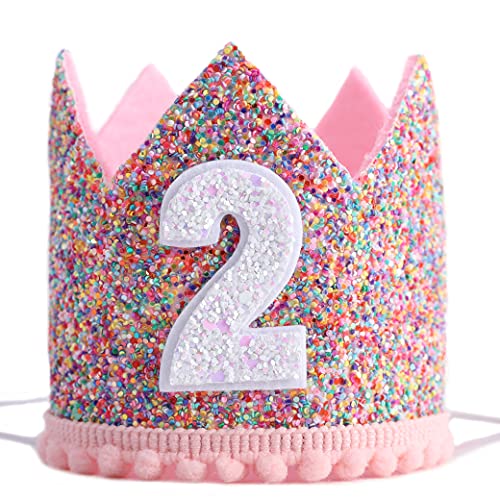 Rainbow Glitter Crown for 2nd Birthday – Handmade Felt Crown with Pink Pompom and Elastic Strap