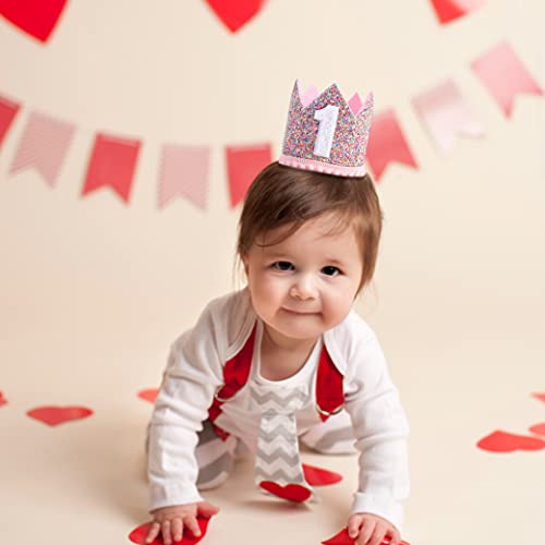 Rainbow Glitter Crown for Baby's First Birthday – Handmade with Pink Felt & Pompom