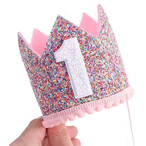 Rainbow Glitter Crown for Baby's First Birthday – Handmade with Pink Felt & Pompom