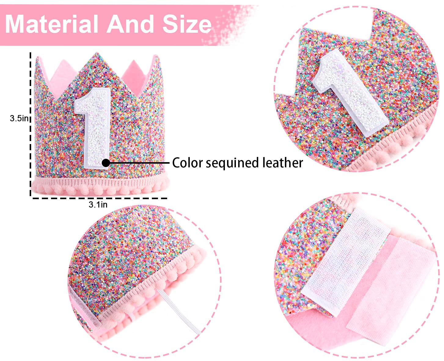 Rainbow Glitter Crown for Baby's First Birthday – Handmade with Pink Felt & Pompom