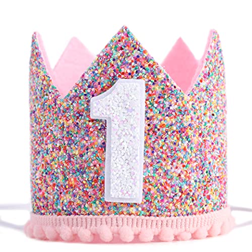 Rainbow Glitter Crown for Baby's First Birthday – Handmade with Pink Felt & Pompom