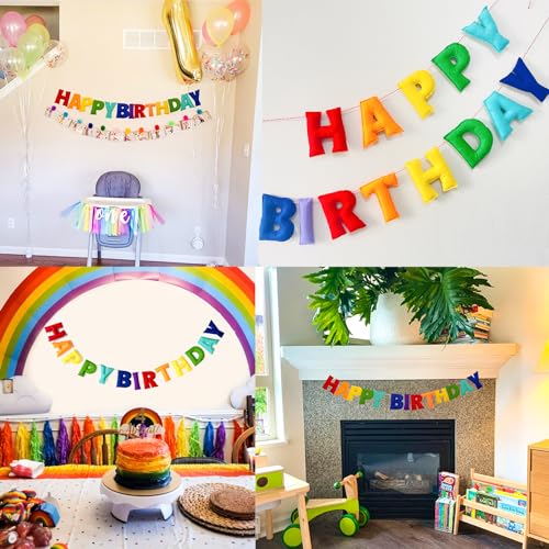 Rainbow Happy Birthday Banner - Pre-Strung Felt Garland, Reusable Party Decor