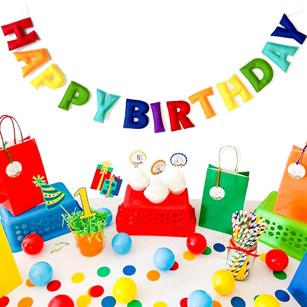 Rainbow Happy Birthday Banner - Pre-Strung Felt Garland, Reusable Party Decor