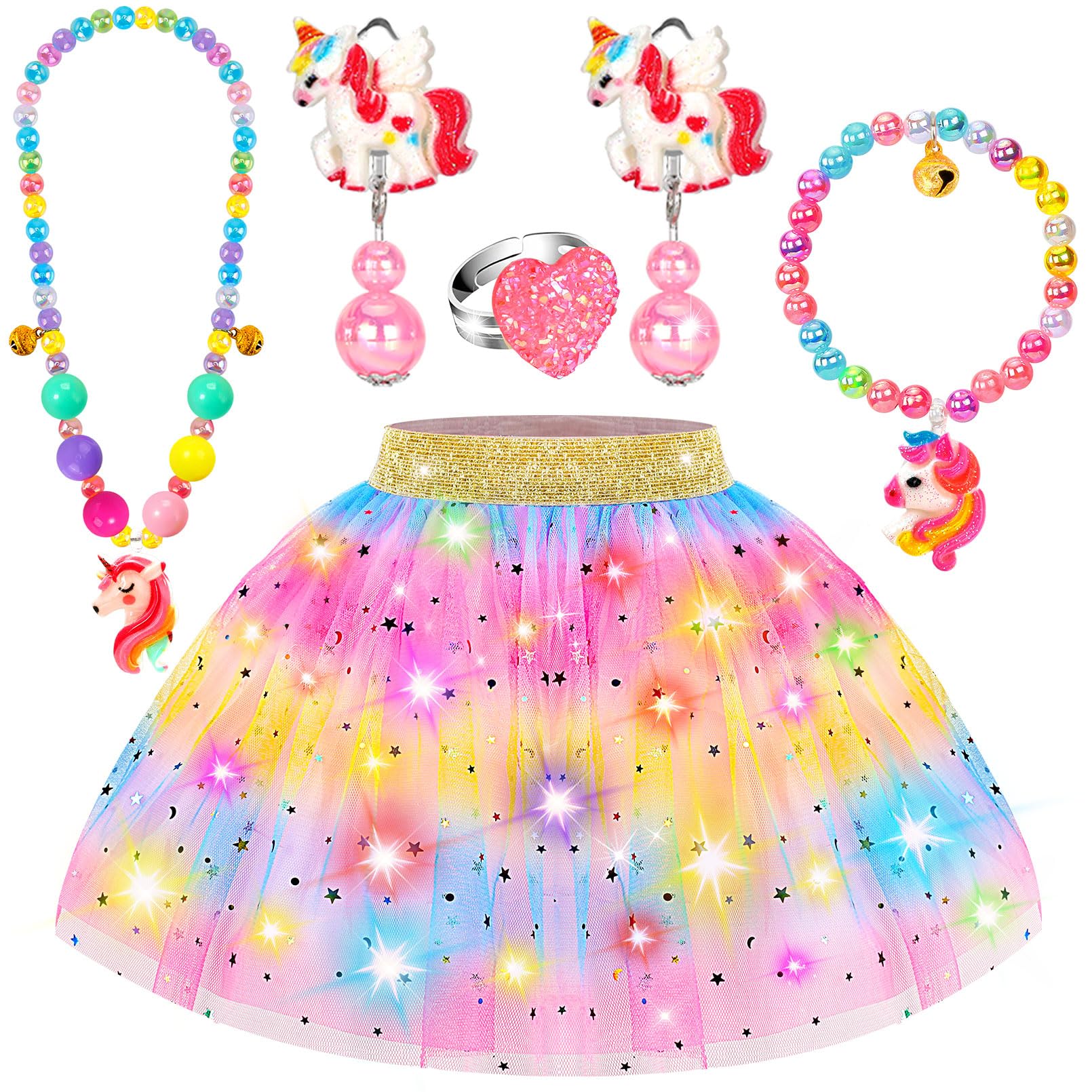 Rainbow Light-Up Princess Dress Set for Girls 4-6 with Unicorn Accessories