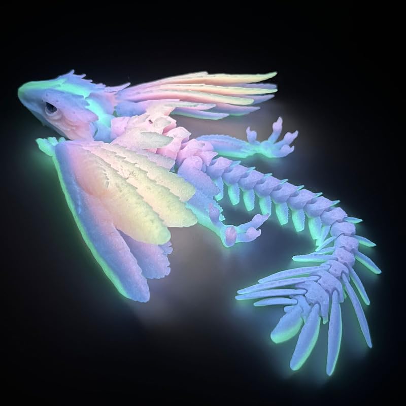 Rainbow Noctilucent Feathered Wyvern Dragon - 3D Printed Articulated Dragon Toy with Wings