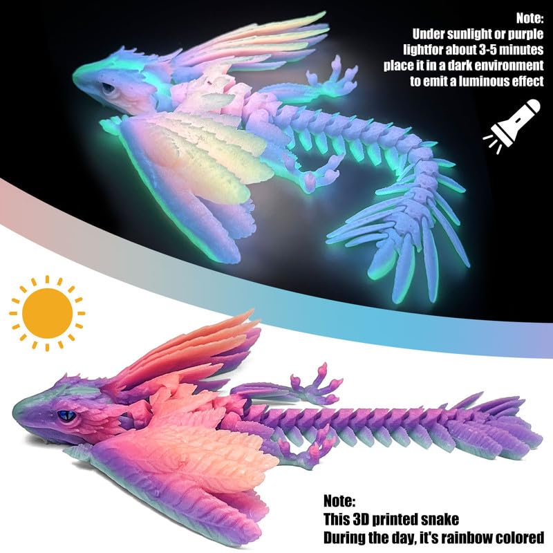 Rainbow Noctilucent Feathered Wyvern Dragon - 3D Printed Articulated Dragon Toy with Wings