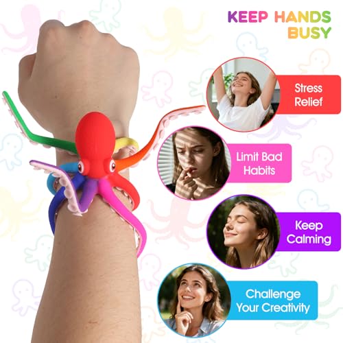 Rainbow Silicone Octopus Fidget Toy with Suction Cups – Bendable Stress Relief Desk Toy for Kids and Adults