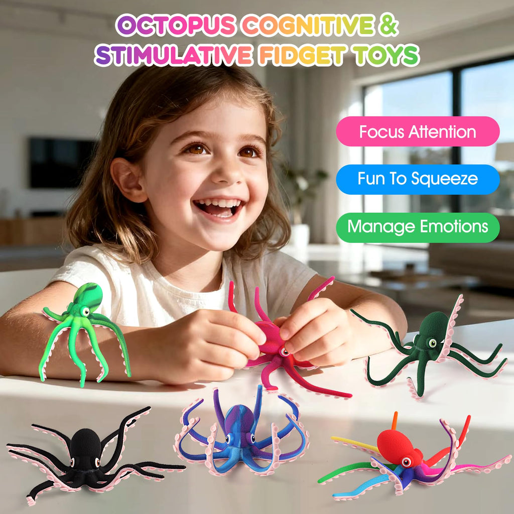 Rainbow Silicone Octopus Fidget Toy with Suction Cups – Bendable Stress Relief Desk Toy for Kids and Adults