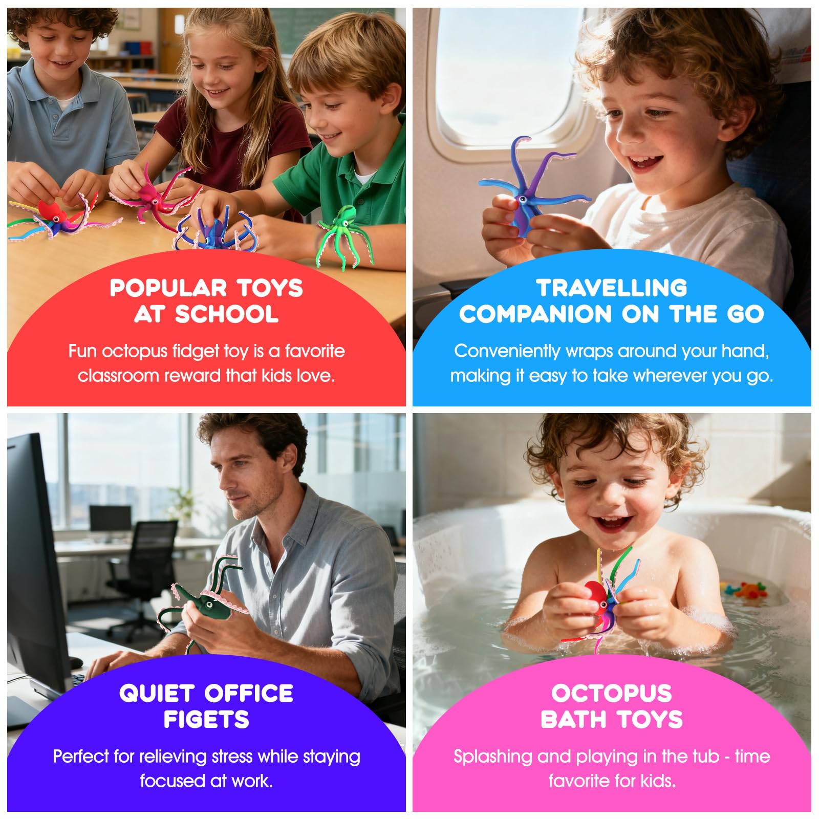 Rainbow Silicone Octopus Fidget Toy with Suction Cups – Bendable Stress Relief Desk Toy for Kids and Adults