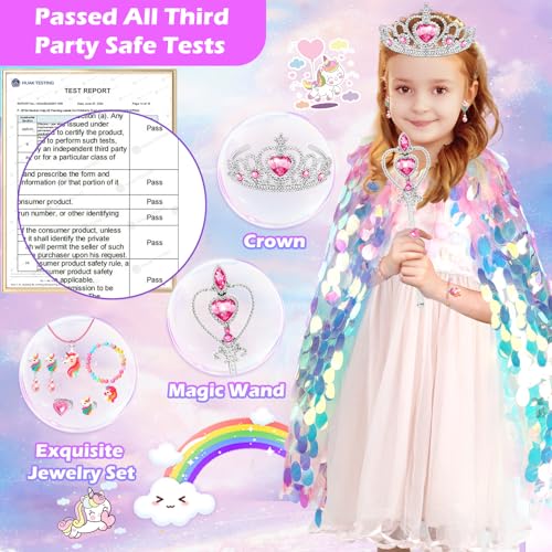 Rainbow Unicorn Princess Dress Up Cape Set for Girls 4-6 - 8 Pieces with Headband, Wand, and Jewelry