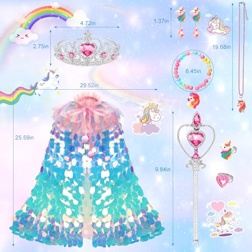 Rainbow Unicorn Princess Dress Up Cape Set for Girls 4-6 - 8 Pieces with Headband, Wand, and Jewelry