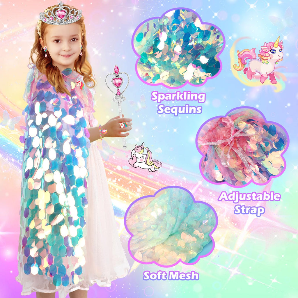 Rainbow Unicorn Princess Dress Up Cape Set for Girls 4-6 - 8 Pieces with Headband, Wand, and Jewelry