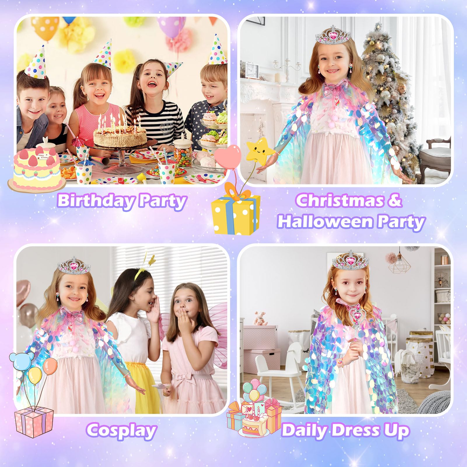 Rainbow Unicorn Princess Dress Up Cape Set for Girls 4-6 - 8 Pieces with Headband, Wand, and Jewelry