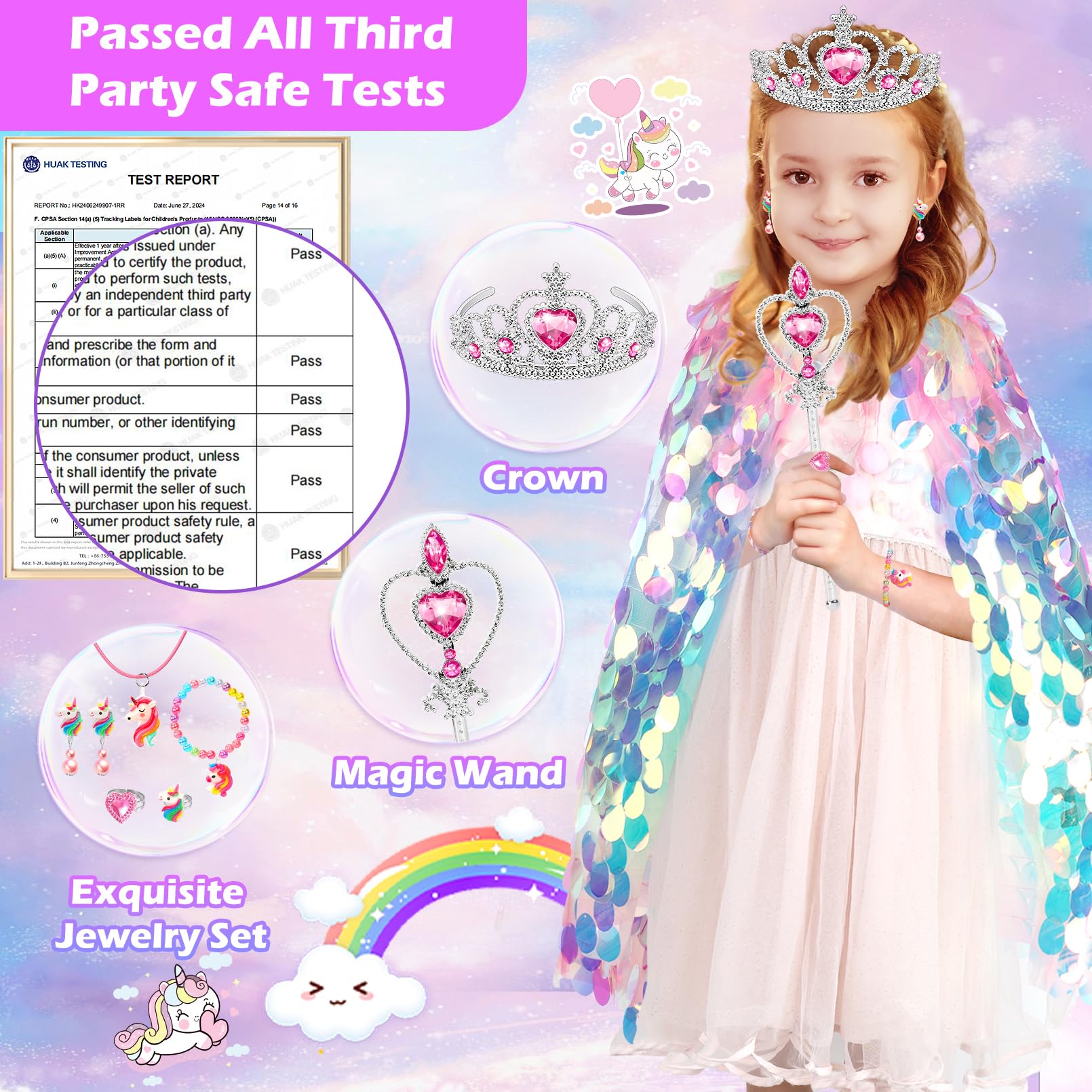 Rainbow Unicorn Princess Dress Up Cape Set for Girls 4-6 - 8 Pieces with Headband, Wand, and Jewelry
