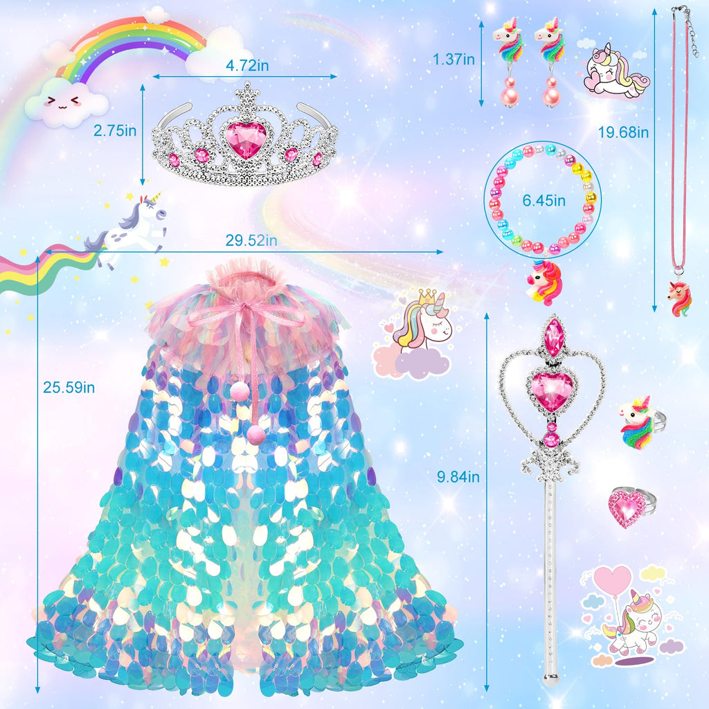 Rainbow Unicorn Princess Dress Up Cape Set for Girls 4-6 - 8 Pieces with Headband, Wand, and Jewelry