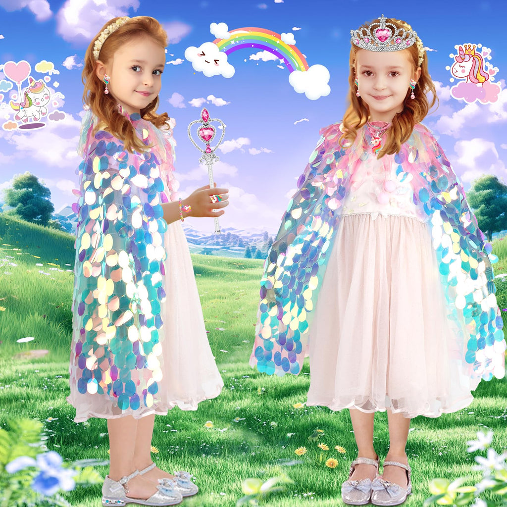 Rainbow Unicorn Princess Dress Up Cape Set for Girls 4-6 - 8 Pieces with Headband, Wand, and Jewelry
