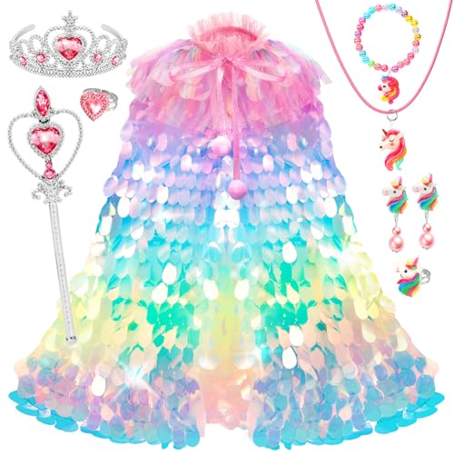 Rainbow Unicorn Princess Dress Up Cape Set for Girls 4-6 - 8 Pieces with Headband, Wand, and Jewelry