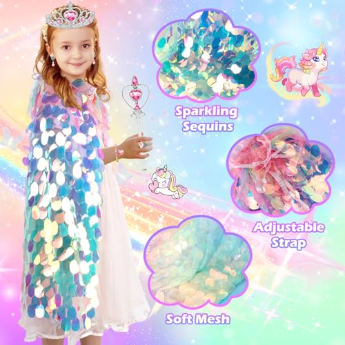 Rainbow Unicorn Princess Dress Up Cape Set for Girls 4-6 - 8 Pieces with Headband, Wand, and Jewelry