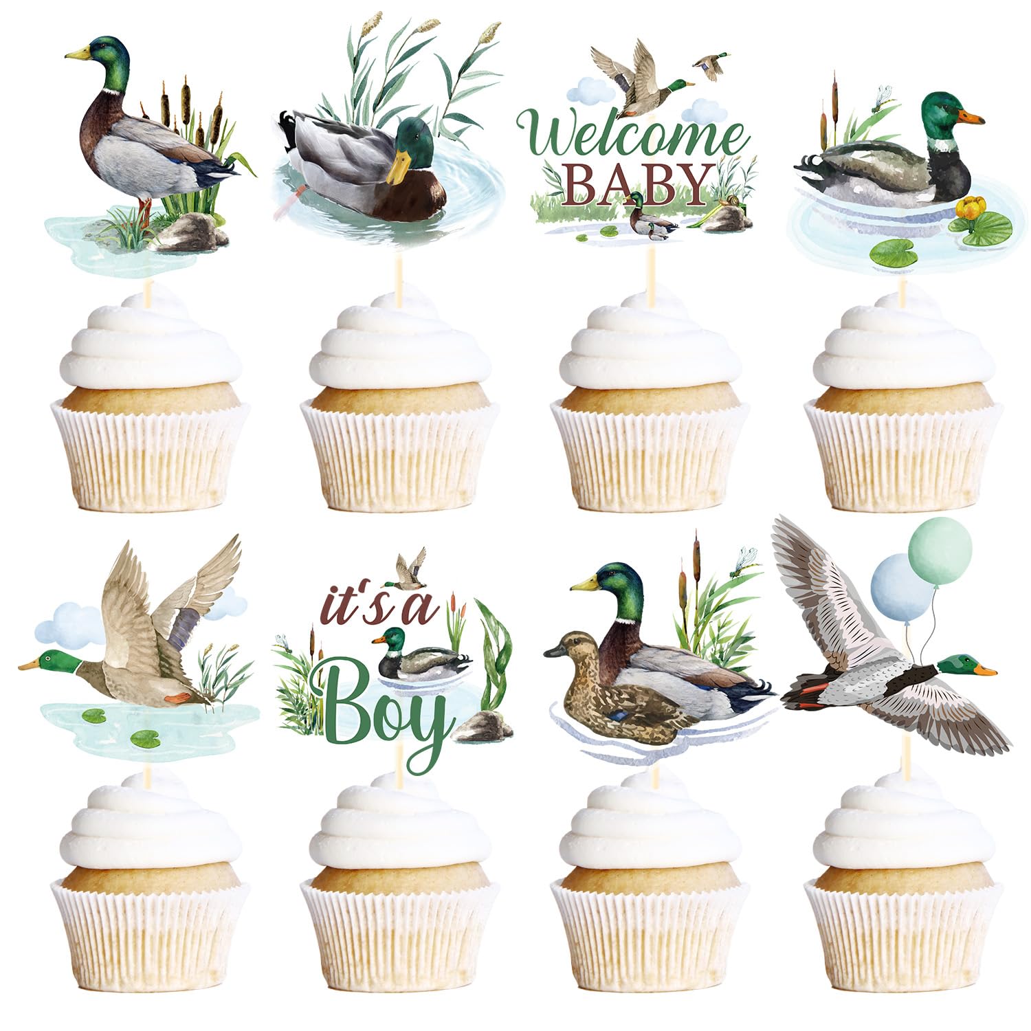Rakuto 40-Piece Mallard Duck Baby Shower Cupcake Toppers - Wild Duck Themed Party Decorations for It's a Boy