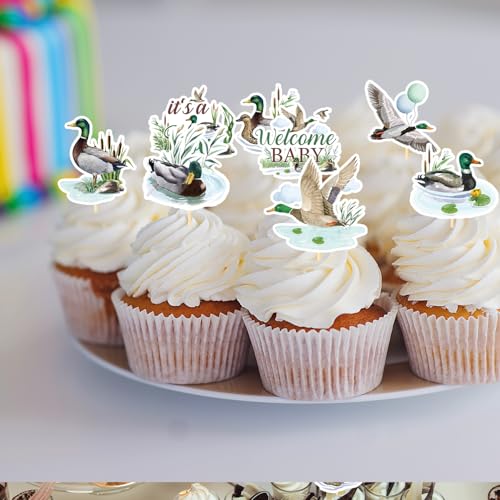 Rakuto 40-Piece Mallard Duck Baby Shower Cupcake Toppers - Wild Duck Themed Party Decorations for It's a Boy