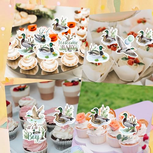 Rakuto 40-Piece Mallard Duck Baby Shower Cupcake Toppers - Wild Duck Themed Party Decorations for It's a Boy