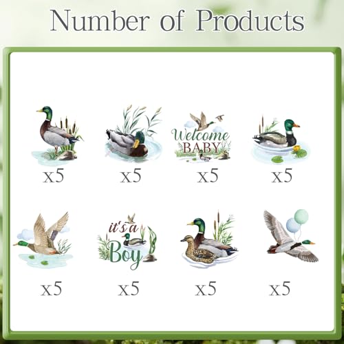 Rakuto 40-Piece Mallard Duck Baby Shower Cupcake Toppers - Wild Duck Themed Party Decorations for It's a Boy