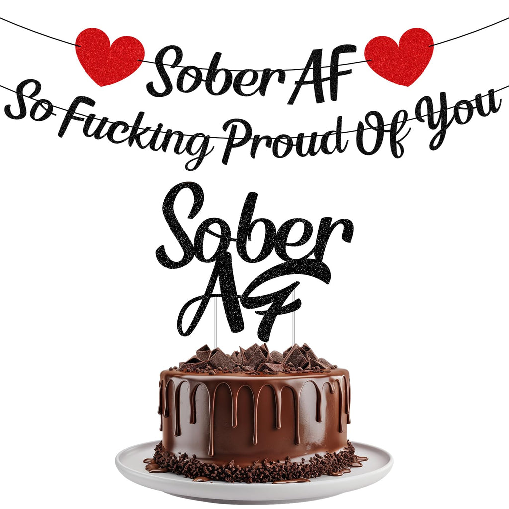 Rakuto Sobriety Party Banner & Cake Topper Set – Black Glitter, Pre-Assembled