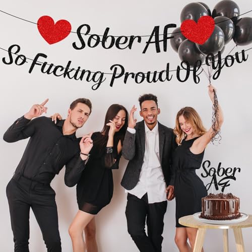 Rakuto Sobriety Party Banner & Cake Topper Set – Black Glitter, Pre-Assembled